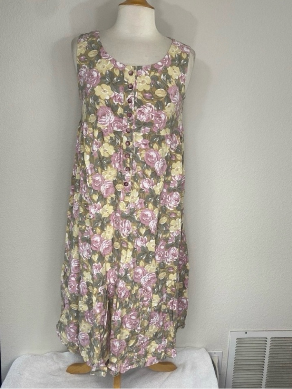 Vintage Womens Green Pink Floral Sleeveless Tiered Midi Dress Cottagecore Size S